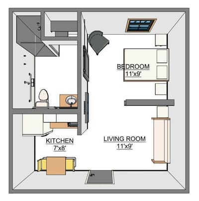 Architectural floor plan of a one-bedroom unit