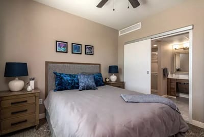 A well-decorated private bedroom in the facility