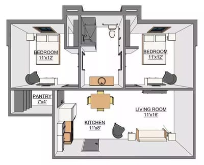 Architectural floor plan of a two-bedroom unit