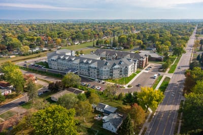 Aerial view of Hayden Grove Senior Living facility and surrounding area.
