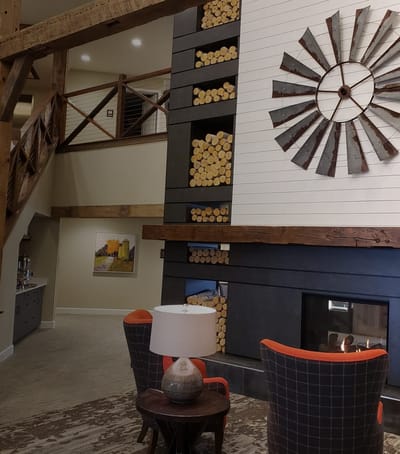 Cozy interior common area with a fireplace