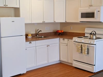 Bright kitchen area in a senior living facility
