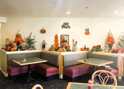 Cozy dining area decorated for Halloween