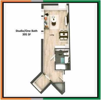 Architectural floor plan of a studio apartment