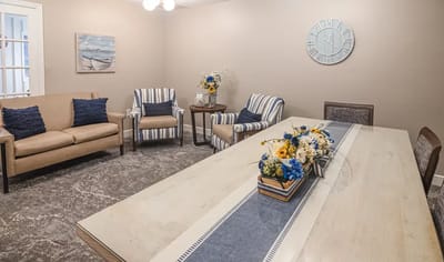 Bright and inviting common area with seating