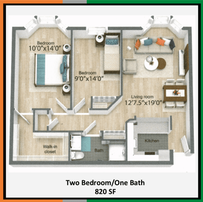 Architectural floor plan of a two-bedroom apartment