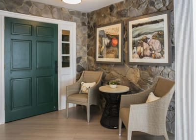 Cozy sitting area in a warmly decorated lobby