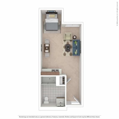 Layout of a private resident room with furnishings
