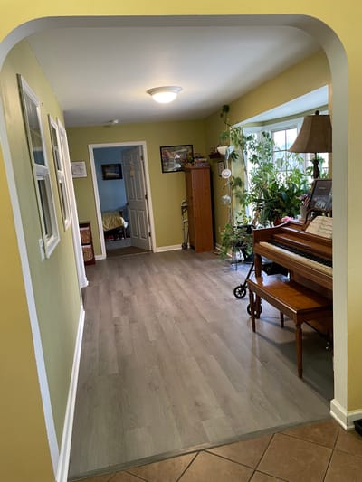 Bright interior hallway with piano and plants