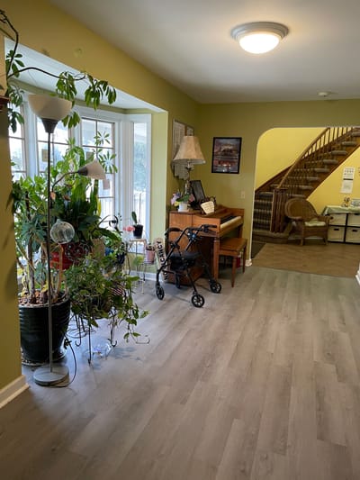 Bright interior space with plants and a piano