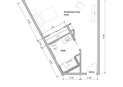 Architectural floor plan of a resident unit with dimensions