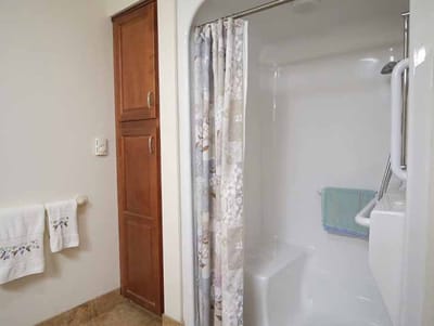 A private bathroom with a shower and storage