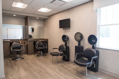 Interior of a hair salon with styling chairs