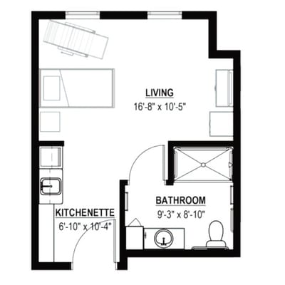Architectural floor plan of a living space with kitchenette and bathroom