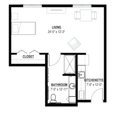 Architectural floor plan of a resident unit