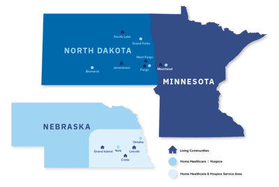 Map of North Dakota and Nebraska with major cities