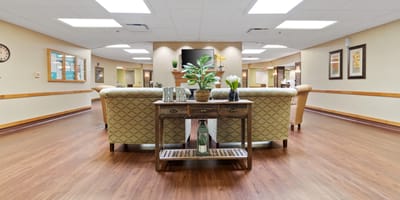Interior view of a welcoming common area with seating