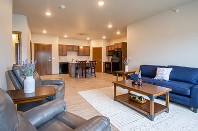 Bright and welcoming common area of a senior living facility