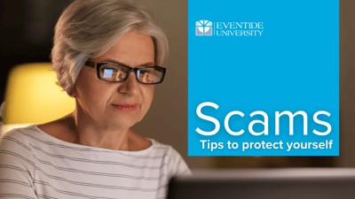 Senior woman using a computer with text about scams