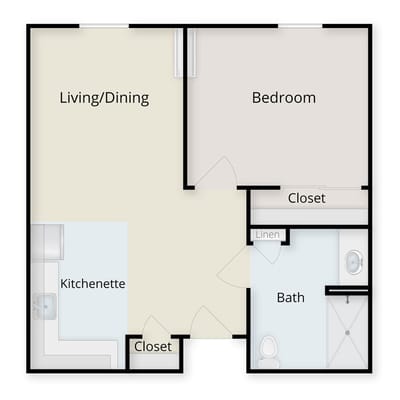 Architectural floor plan of a one-bedroom unit