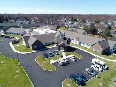 Aerial view of the Charter Senior Living facility and parking area
