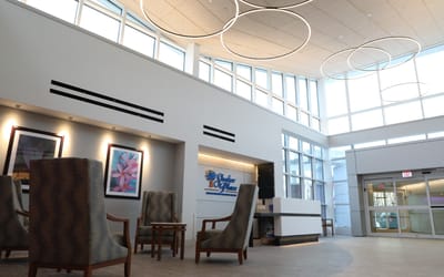 Bright and modern lobby area with seating