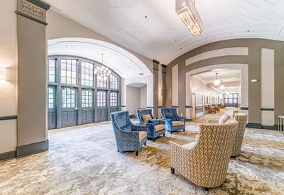 Common area with seating in a senior living facility