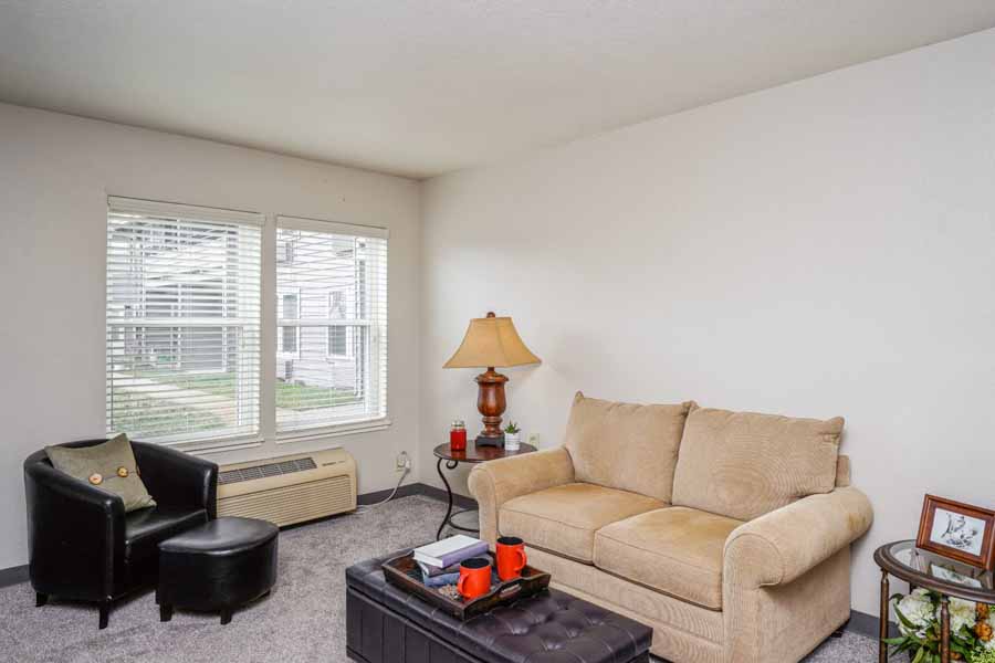 Cozy living room with a sofa and lamp