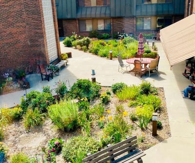 A vibrant outdoor courtyard with flowers and seating