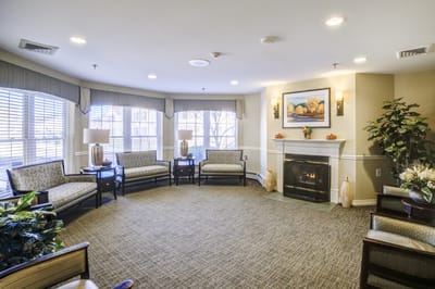 Interior common area with seating and fireplace