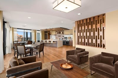 Modern dining area in a bright common space