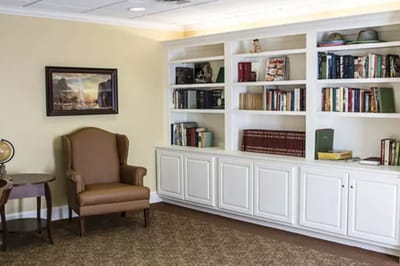 Cozy seating area with bookshelves