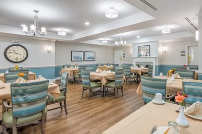 Bright dining room with neatly arranged tables