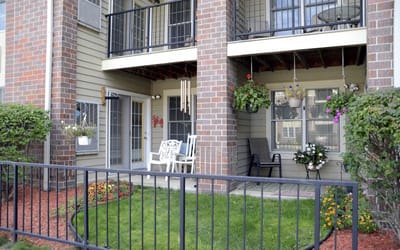 Ground-level outdoor patio area at a senior living facility