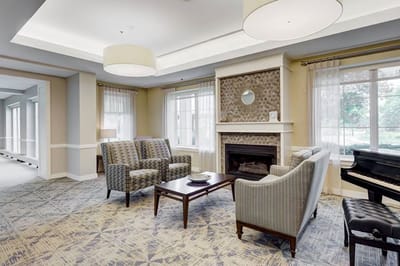 Cozy common area with seating and fireplace