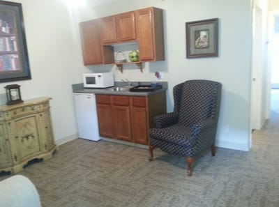 Cozy interior with kitchenette and seating area