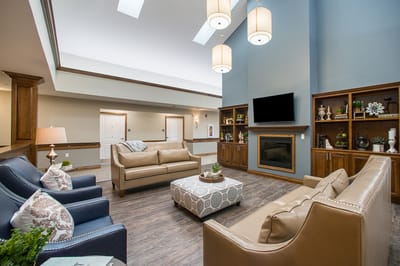 Bright common area with seating and decor