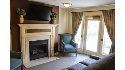 Cozy common area with fireplace and seating