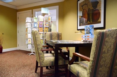 Common area with seating and card display