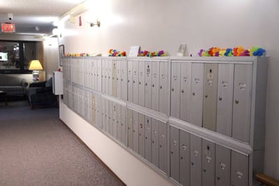 Indoor mailbox area with decorative flowers