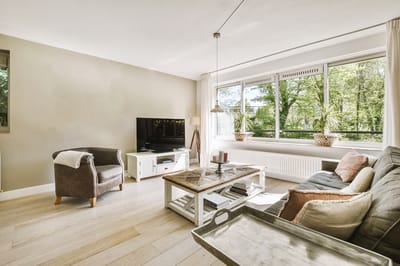 Bright, cozy common area with a view of greenery