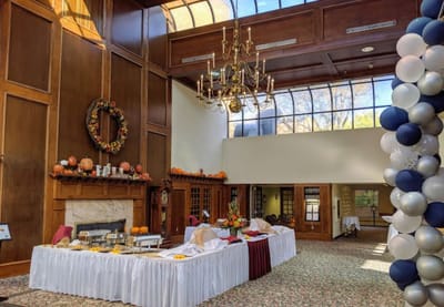 Interior view of a dining area setup for an event
