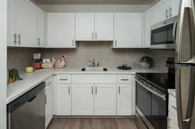 Modern kitchen with white cabinets and appliances