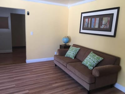 Bright interior space with a couch and decor