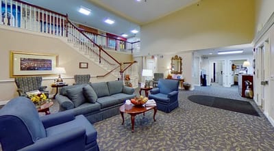 Interior view of a common area with seating.