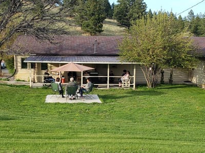 Residents enjoying time outside in the facility garden