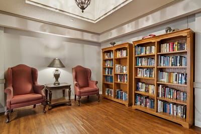 Cozy reading area with bookshelves and armchairs