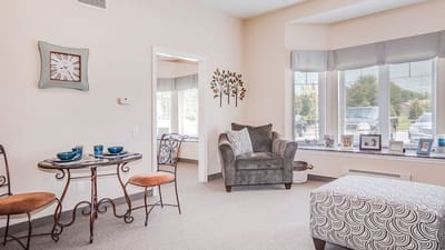Bright common area with seating and decor