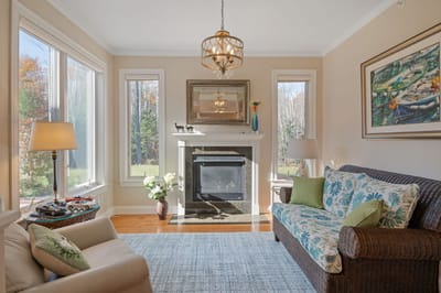 Cozy common area with a fireplace and seating