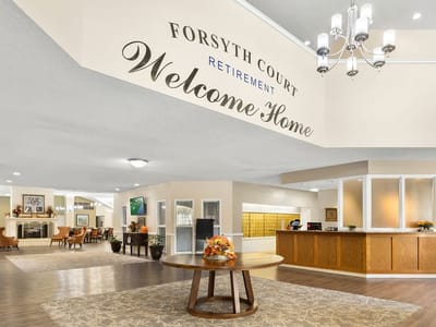 Bright lobby area with welcoming decor and furniture